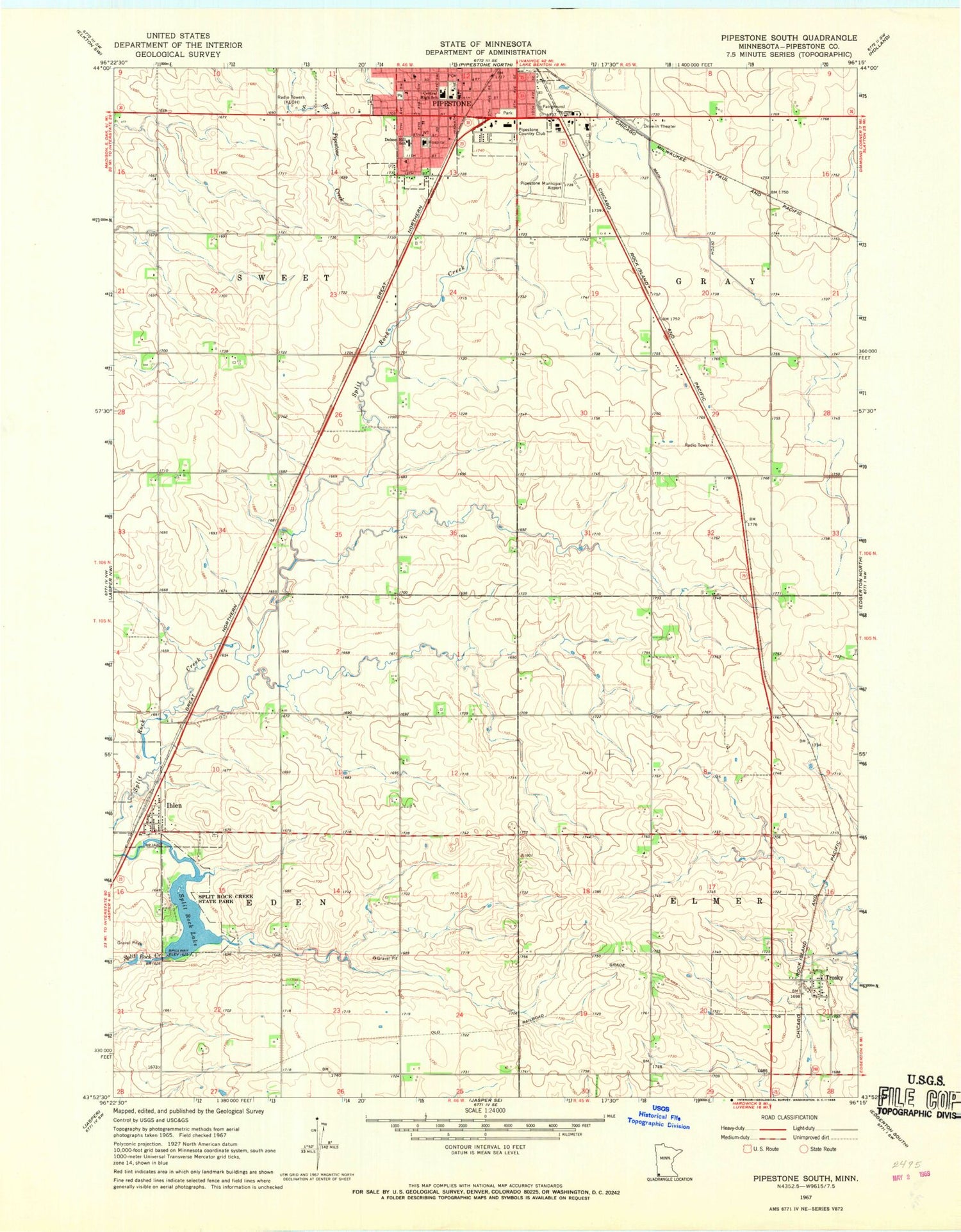 Classic USGS Pipestone South Minnesota 7.5'x7.5' Topo Map Image