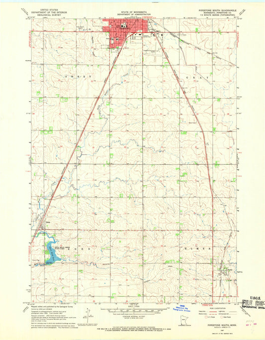 Classic USGS Pipestone South Minnesota 7.5'x7.5' Topo Map Image