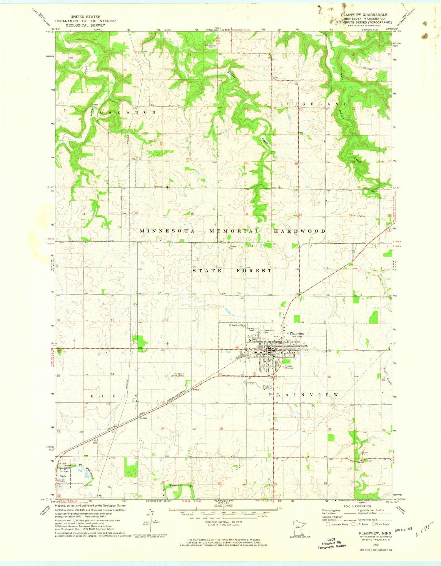 Classic USGS Plainview Minnesota 7.5'x7.5' Topo Map Image
