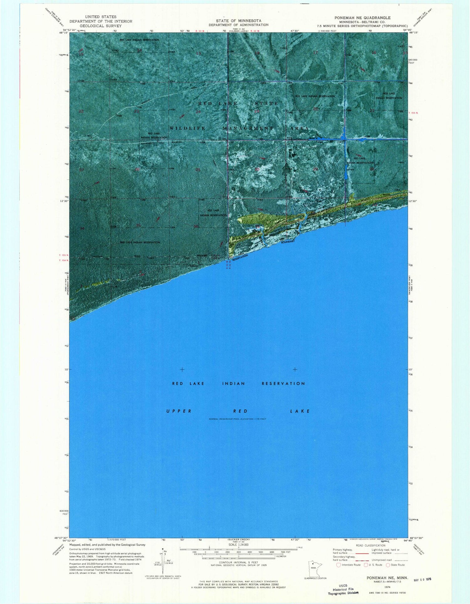 Classic USGS Ponemah NE Minnesota 7.5'x7.5' Topo Map Image