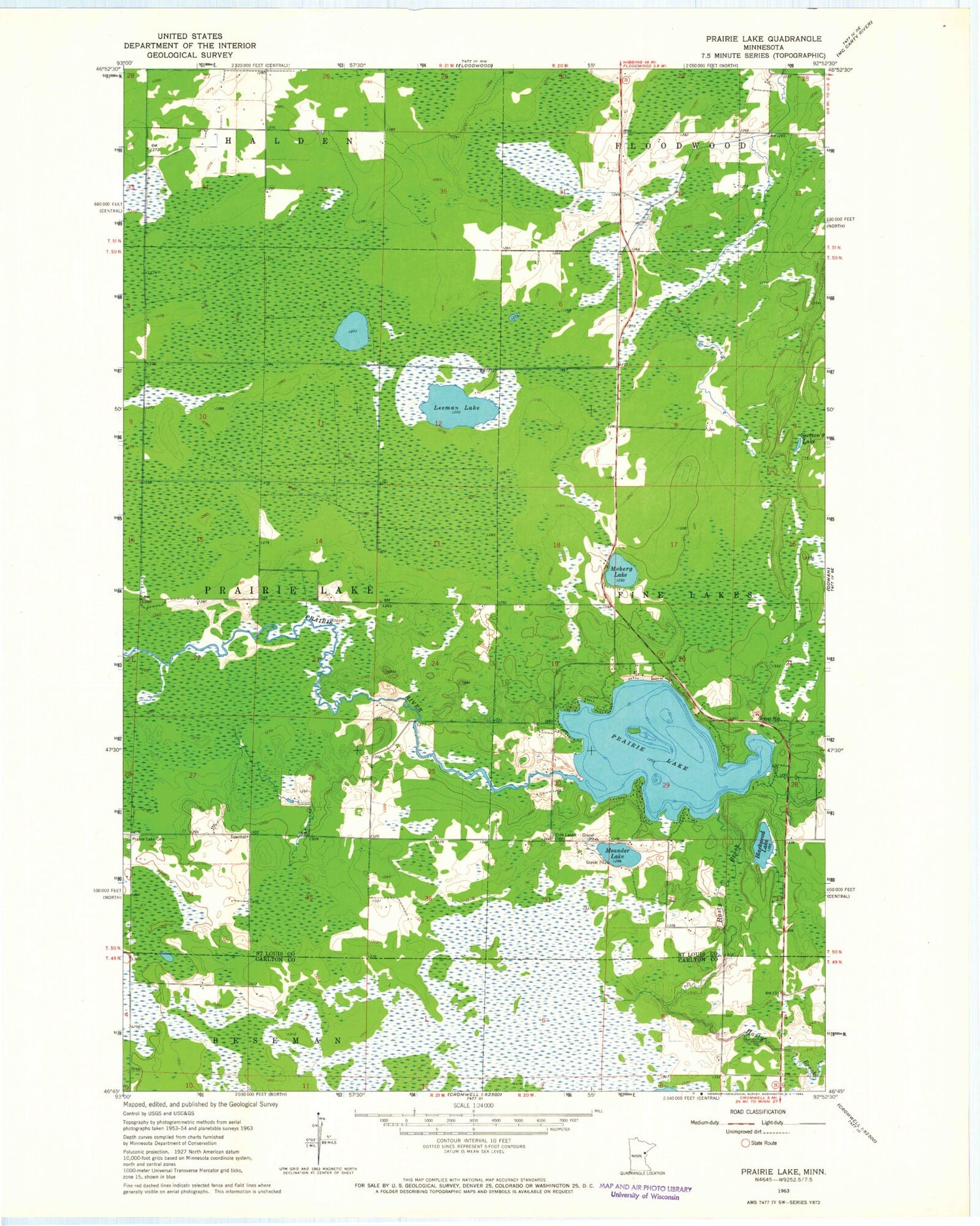 Classic USGS Prairie Lake Minnesota 7.5'x7.5' Topo Map Image