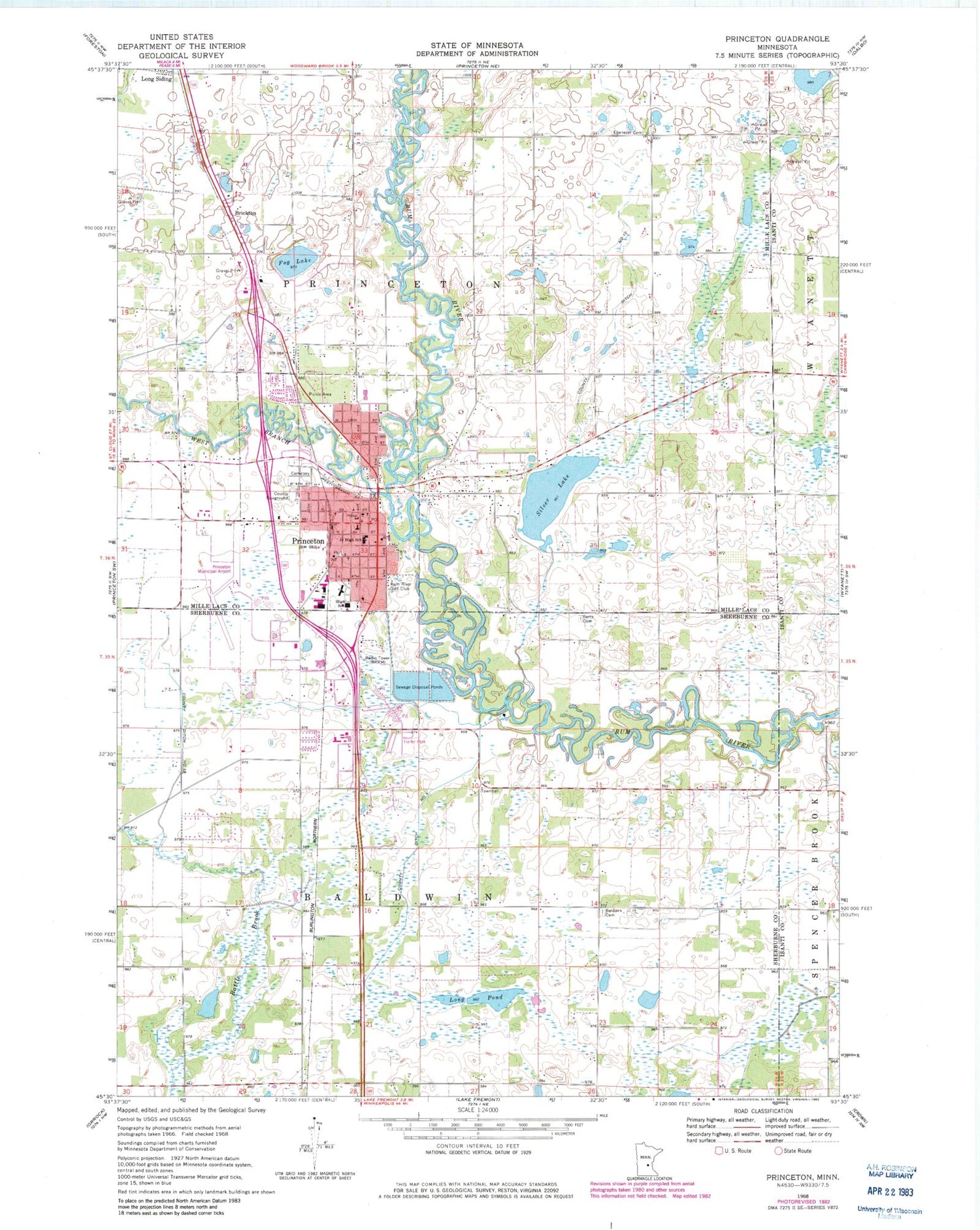 Classic USGS Princeton Minnesota 7.5'x7.5' Topo Map Image