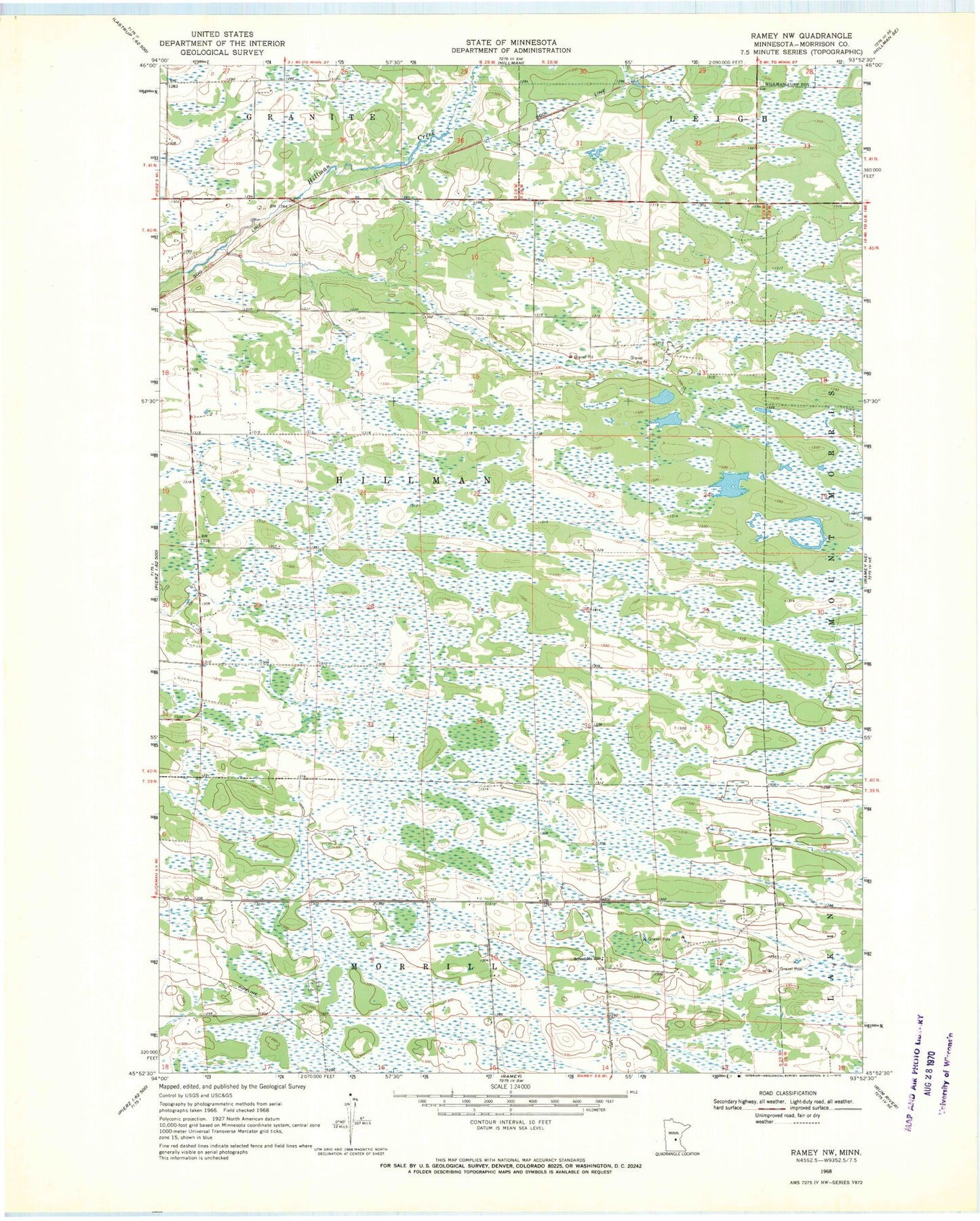 Classic USGS Ramey NW Minnesota 7.5'x7.5' Topo Map Image