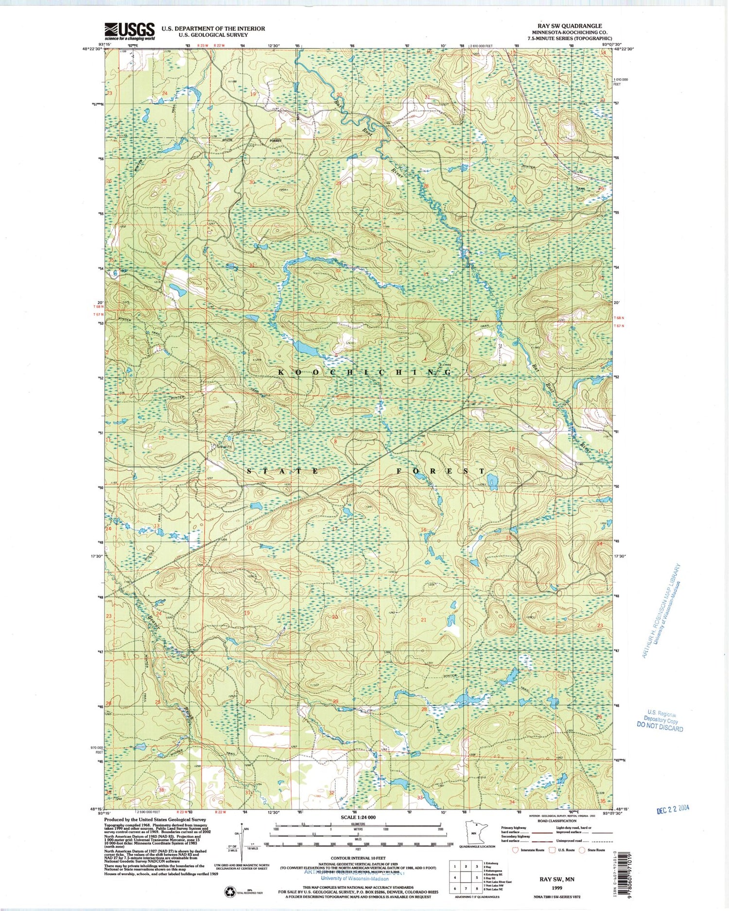 Classic USGS Ray SW Minnesota 7.5'x7.5' Topo Map Image