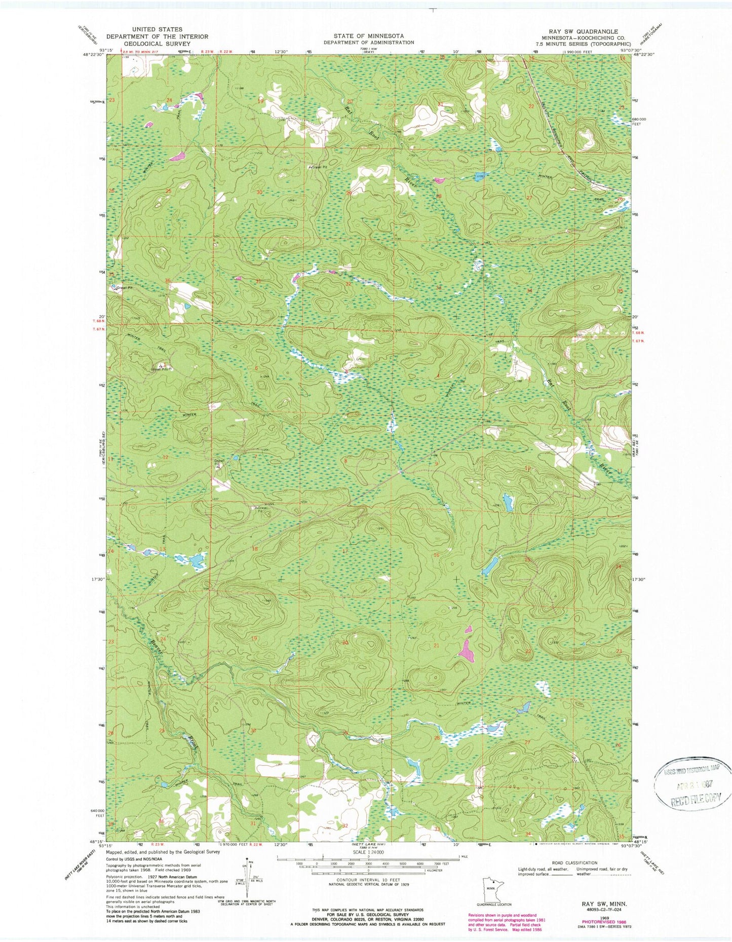 Classic USGS Ray SW Minnesota 7.5'x7.5' Topo Map Image