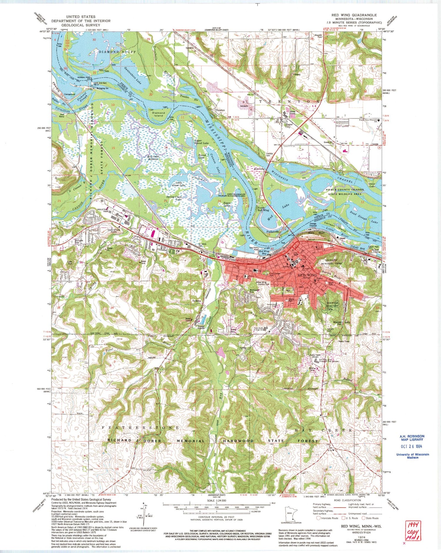 Classic USGS Red Wing Minnesota 7.5'x7.5' Topo Map Image