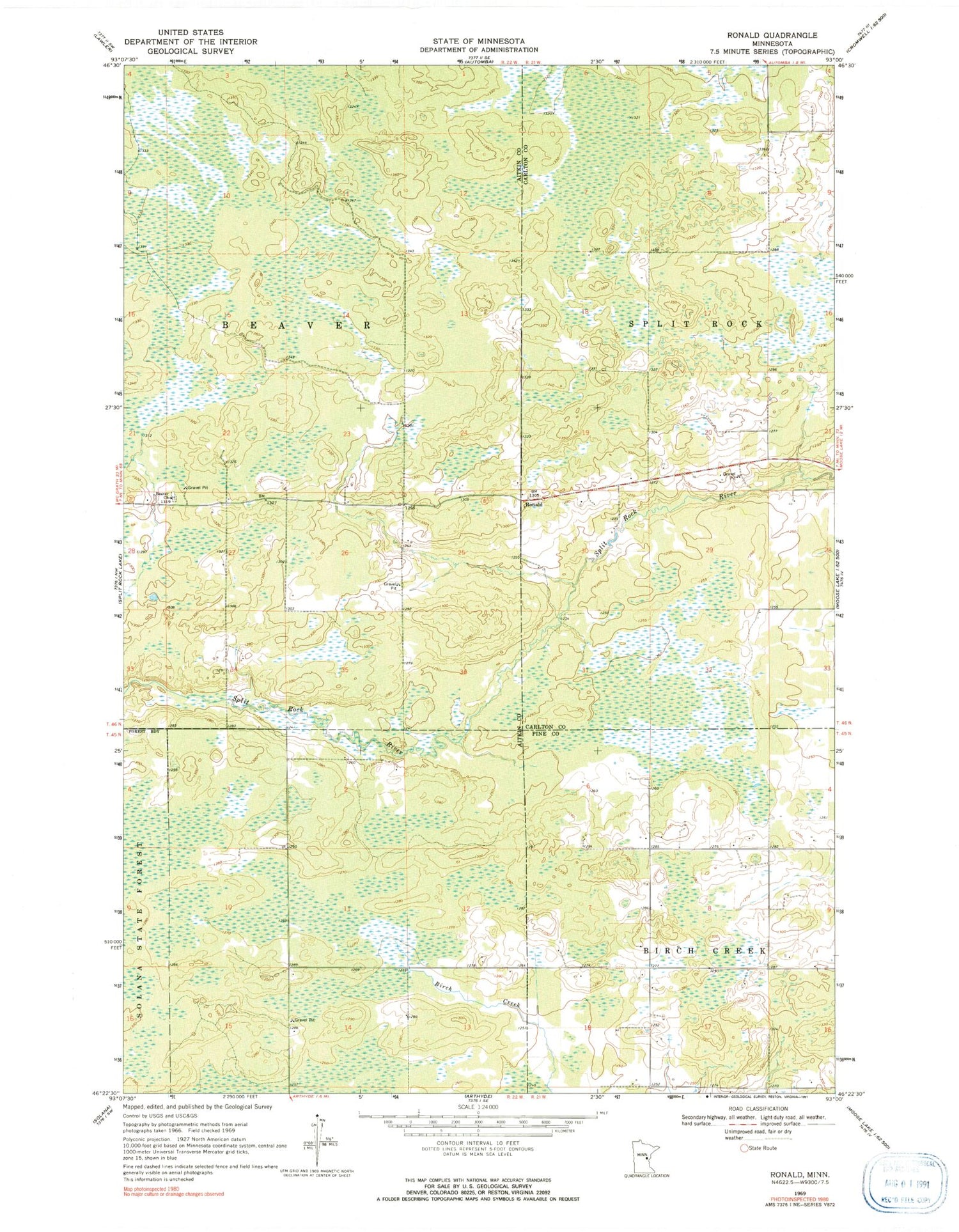 Classic USGS Ronald Minnesota 7.5'x7.5' Topo Map Image