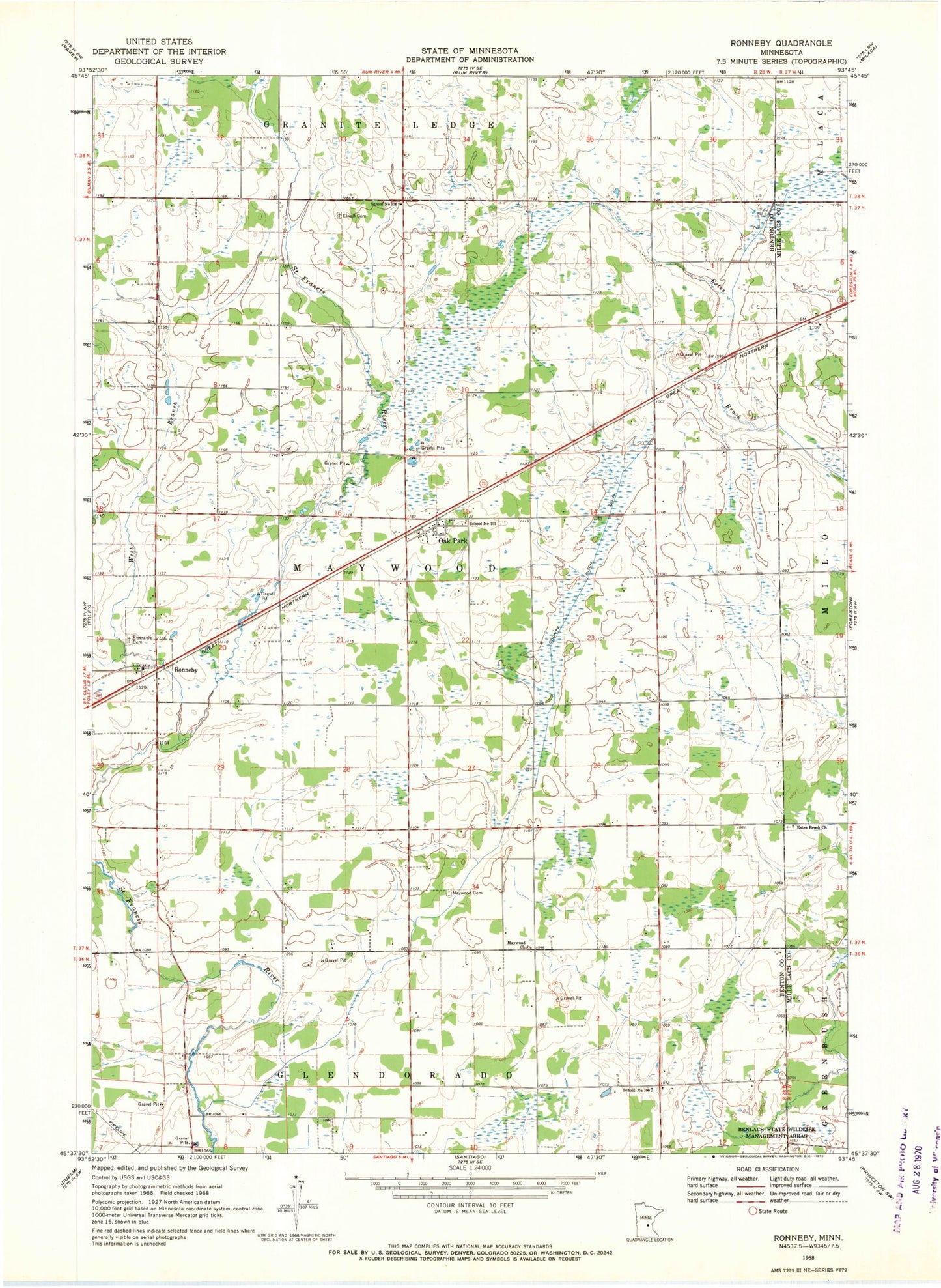 Classic USGS Ronneby Minnesota 7.5'x7.5' Topo Map Image