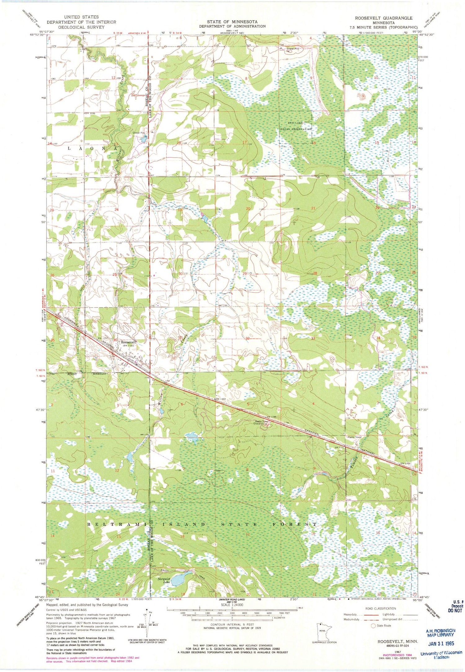 Classic USGS Roosevelt Minnesota 7.5'x7.5' Topo Map Image