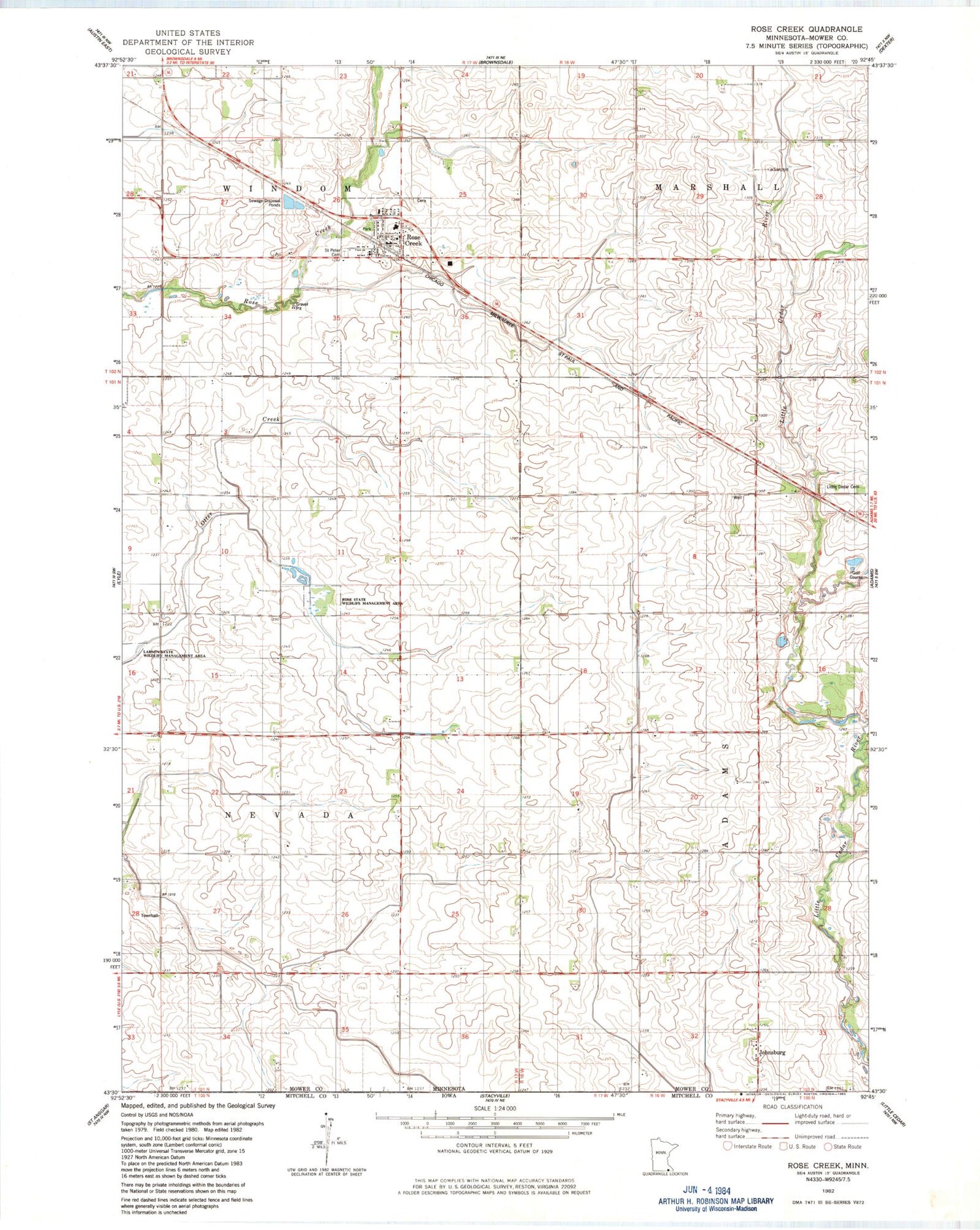 Classic USGS Rose Creek Minnesota 7.5'x7.5' Topo Map Image