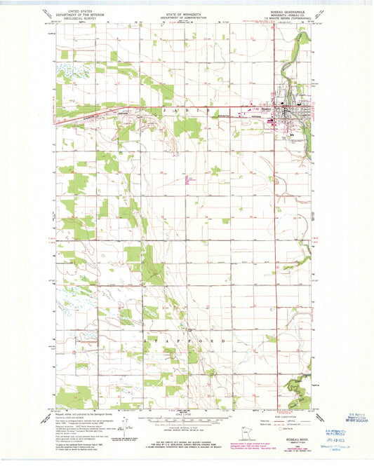 Classic USGS Roseau Minnesota 7.5'x7.5' Topo Map Image