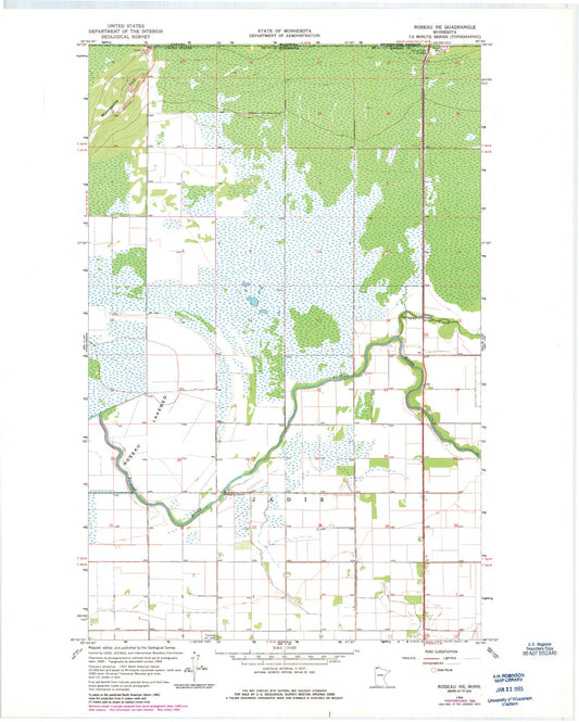 Classic USGS Roseau NE Minnesota 7.5'x7.5' Topo Map Image