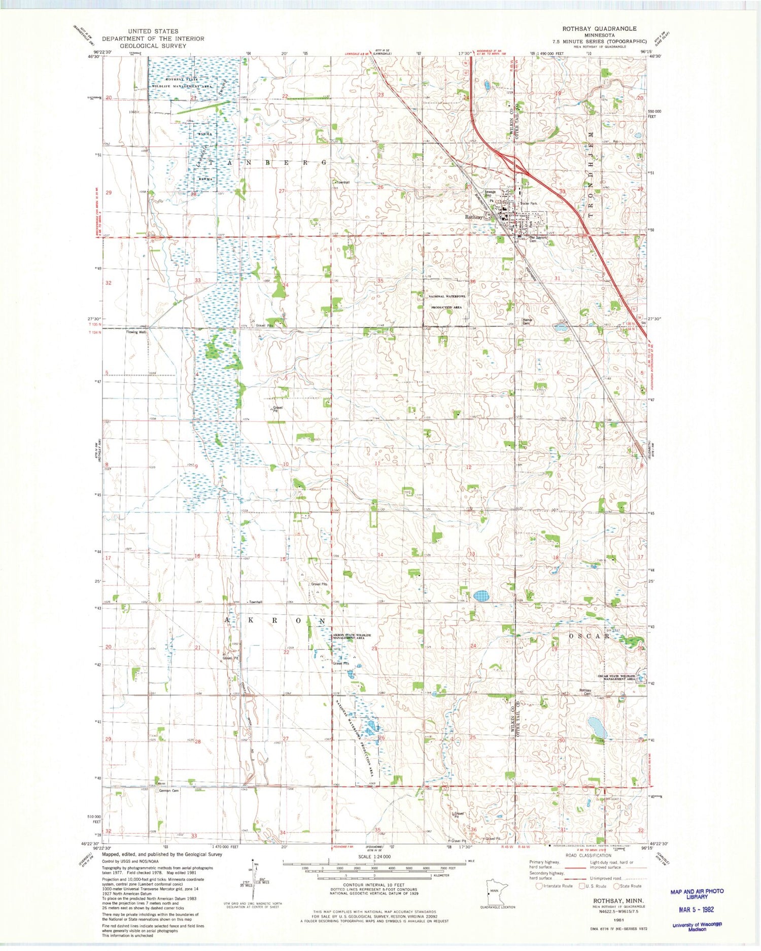 Classic USGS Rothsay Minnesota 7.5'x7.5' Topo Map Image