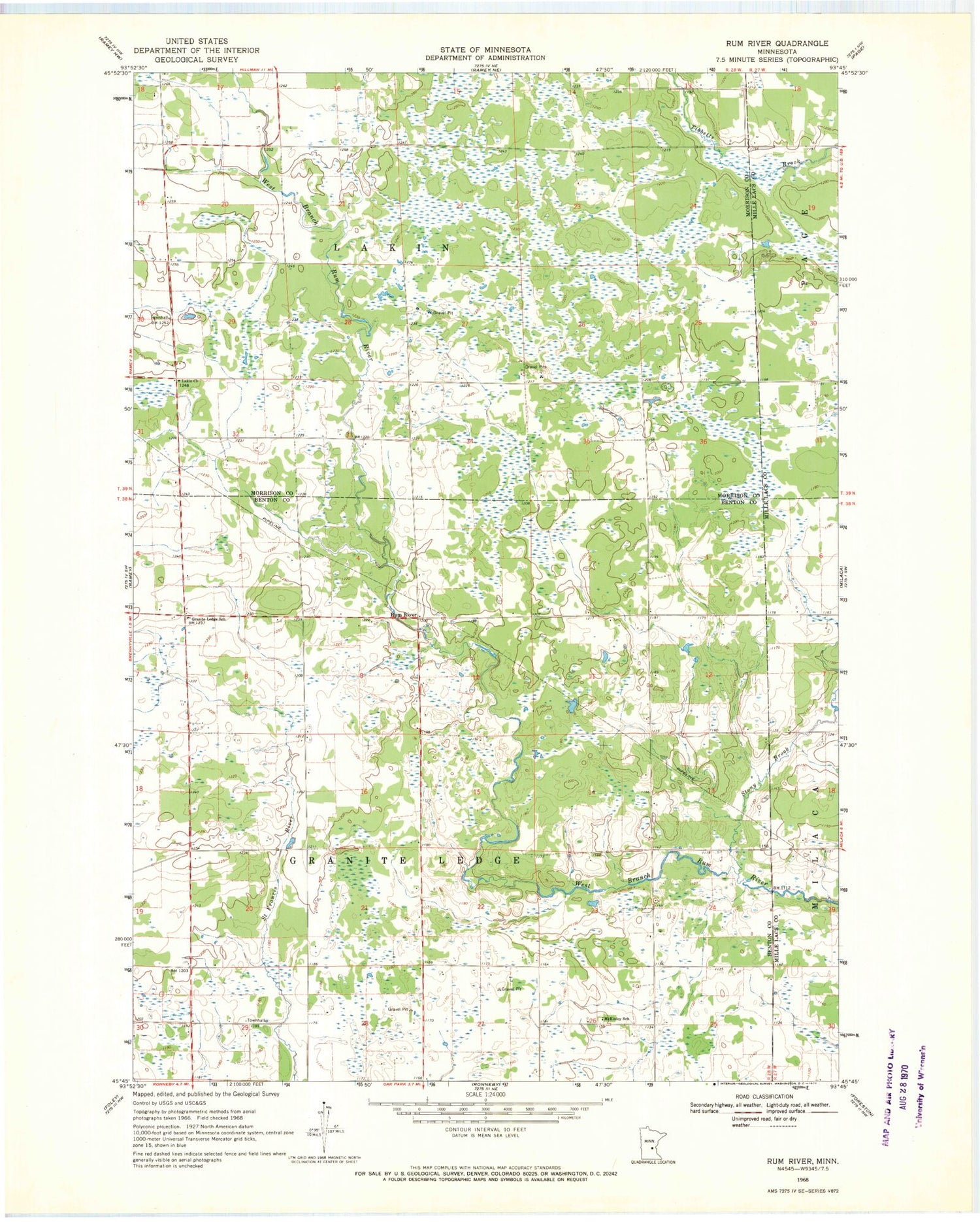 Classic USGS Rum River Minnesota 7.5'x7.5' Topo Map Image