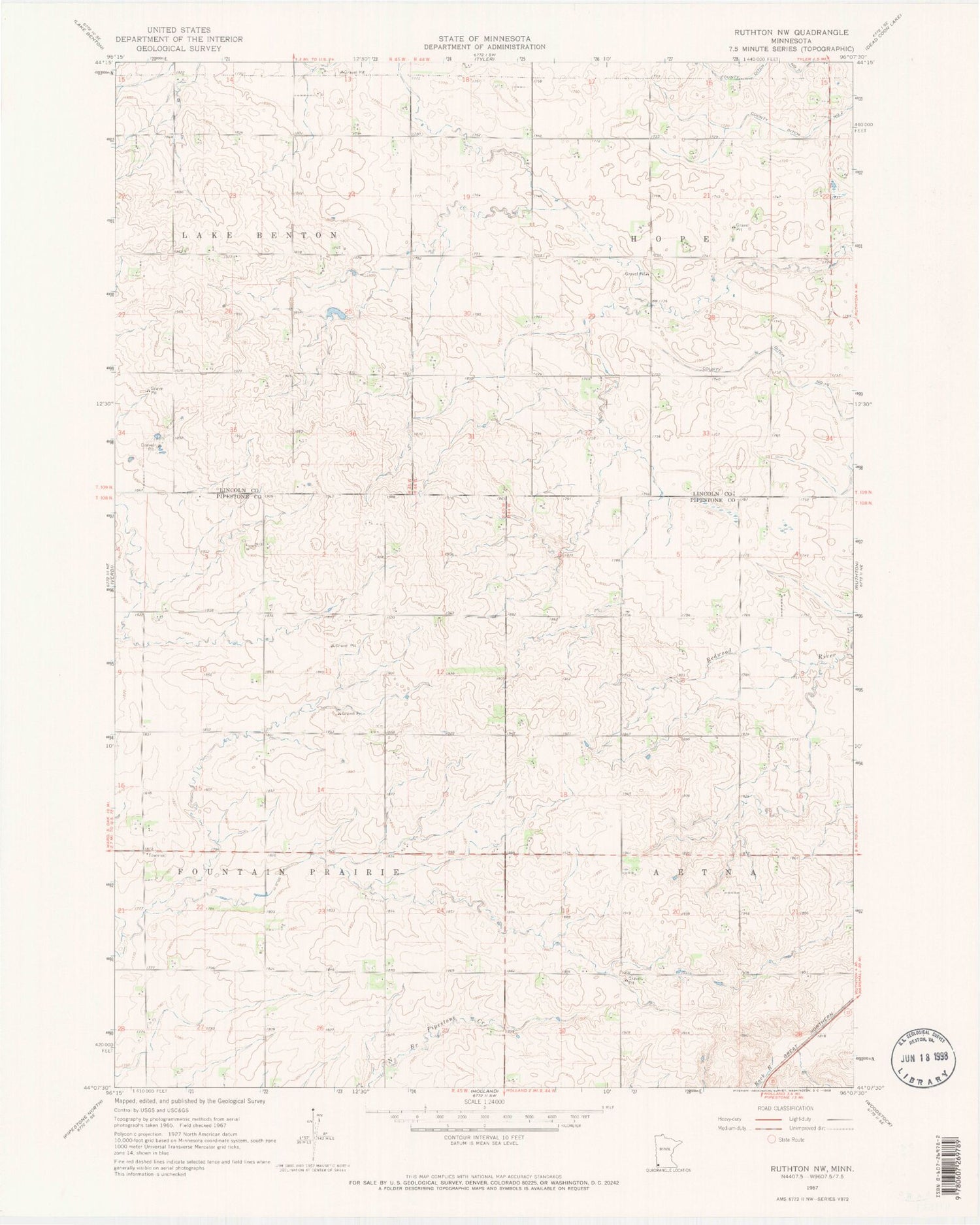 Classic USGS Ruthton NW Minnesota 7.5'x7.5' Topo Map Image