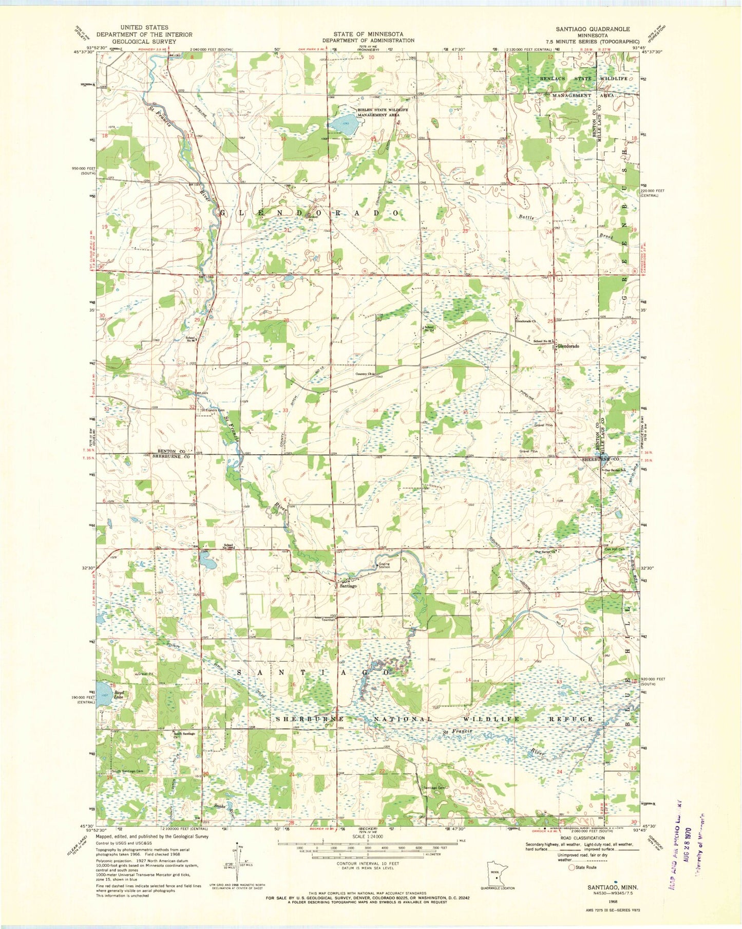 Classic USGS Santiago Minnesota 7.5'x7.5' Topo Map Image