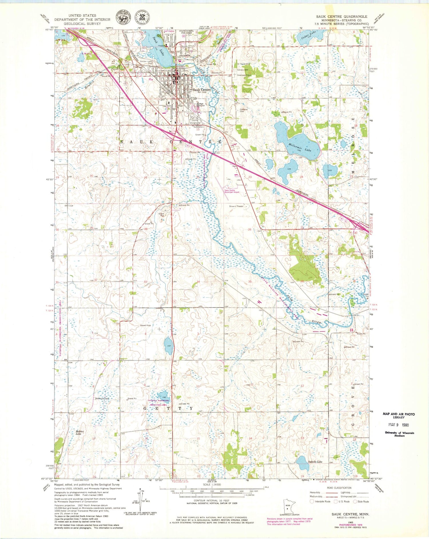 Classic USGS Sauk Centre Minnesota 7.5'x7.5' Topo Map Image