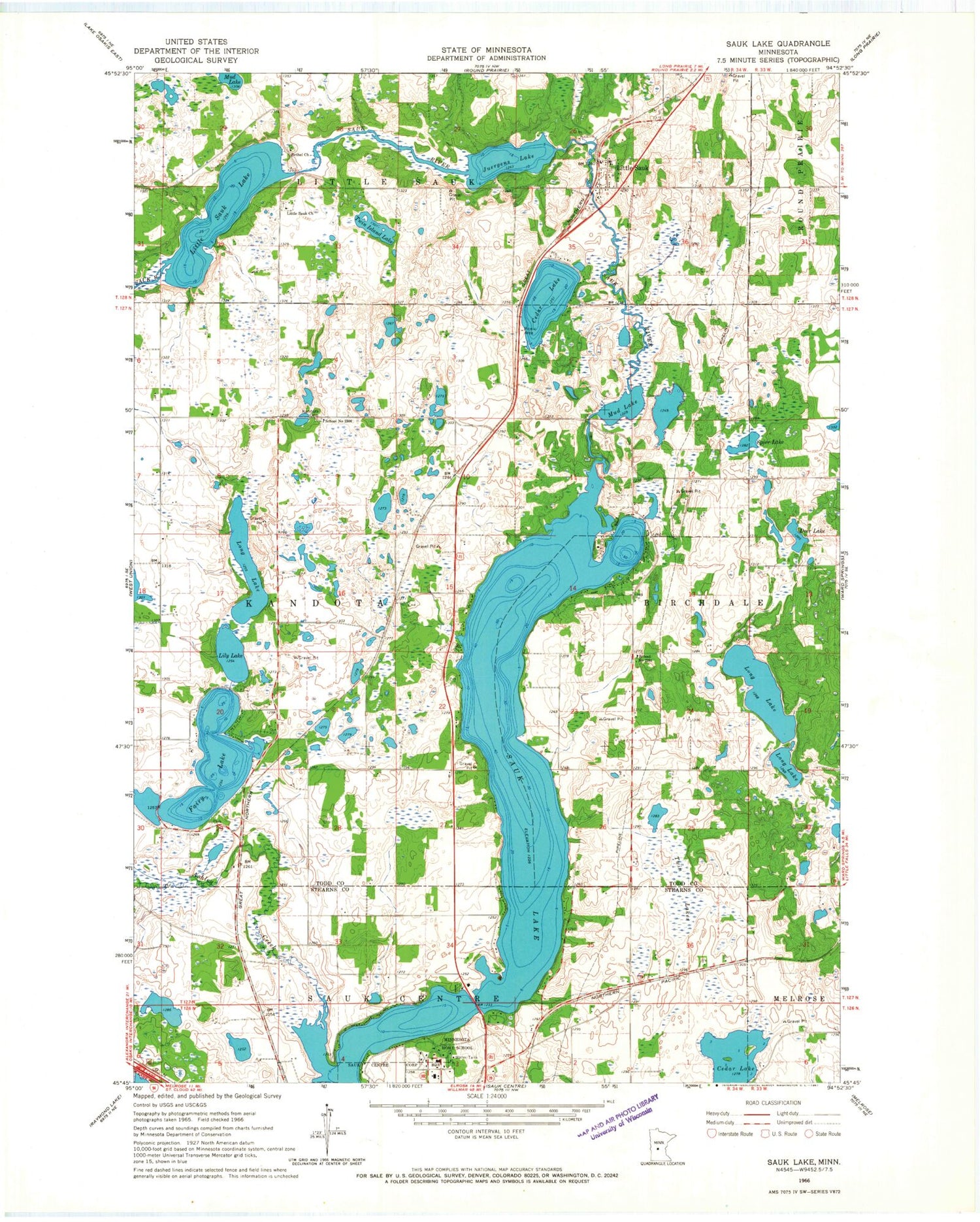 Classic USGS Sauk Lake Minnesota 7.5'x7.5' Topo Map Image