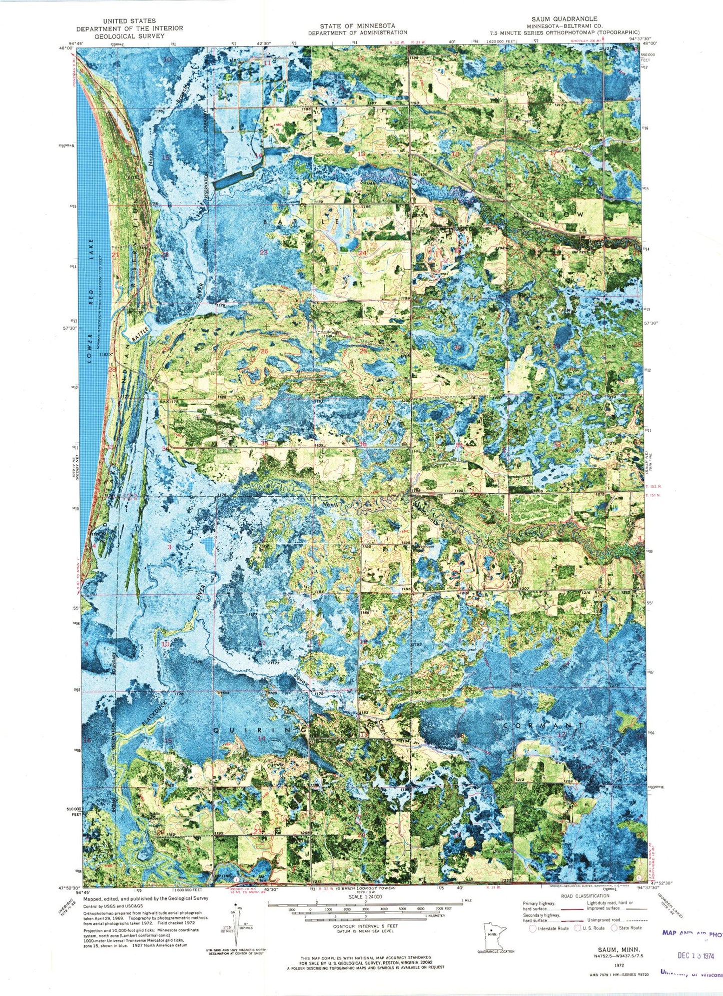 Classic USGS Saum Minnesota 7.5'x7.5' Topo Map Image