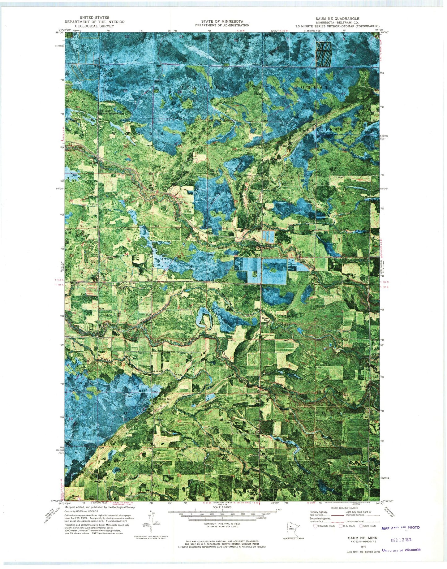 Classic USGS Saum NE Minnesota 7.5'x7.5' Topo Map Image