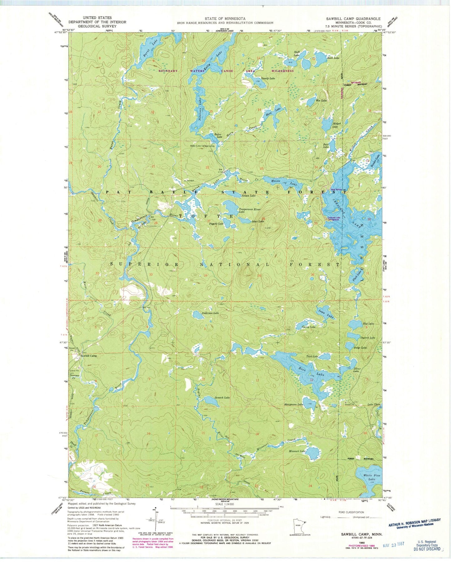 Classic USGS Sawbill Camp Minnesota 7.5'x7.5' Topo Map Image