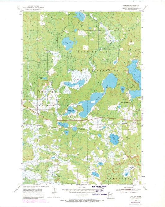 Classic USGS Sawyer Minnesota 7.5'x7.5' Topo Map Image