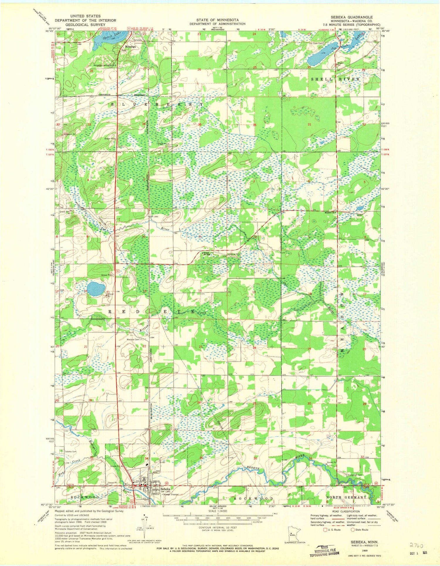 Classic USGS Sebeka Minnesota 7.5'x7.5' Topo Map Image