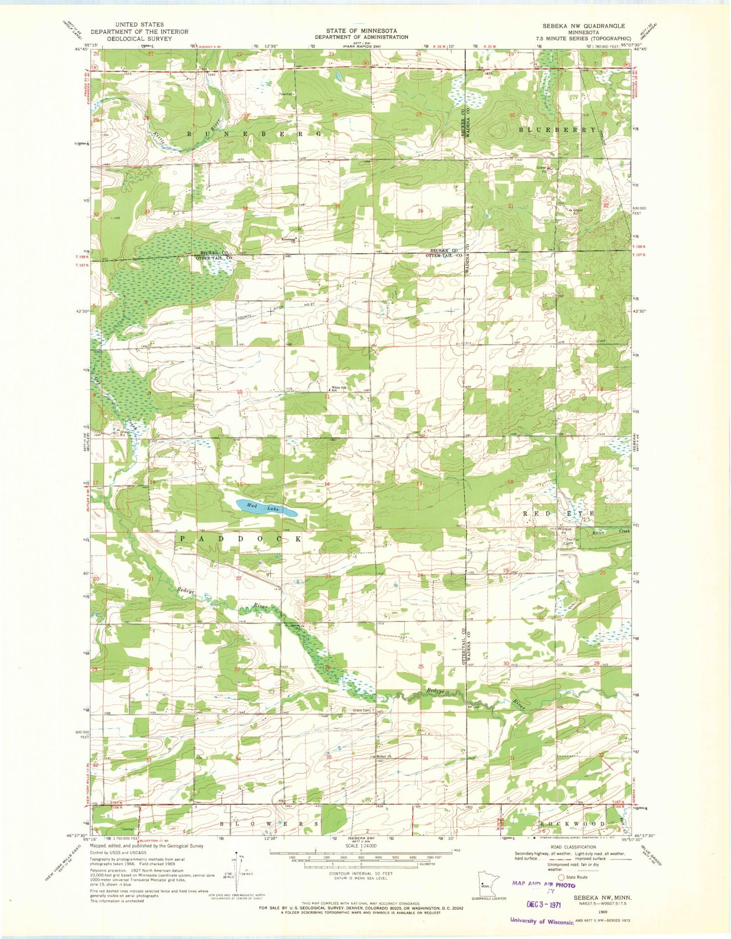 Classic USGS Sebeka NW Minnesota 7.5'x7.5' Topo Map Image