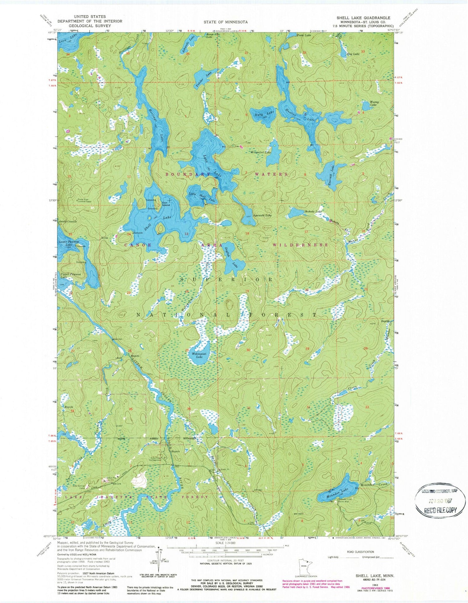 Classic USGS Shell Lake Minnesota 7.5'x7.5' Topo Map Image