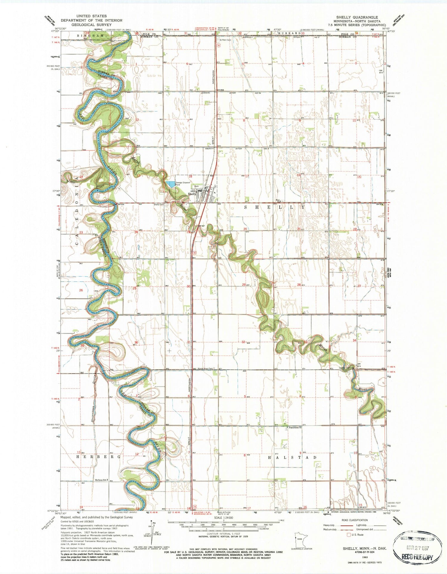 Classic USGS Shelly Minnesota 7.5'x7.5' Topo Map Image