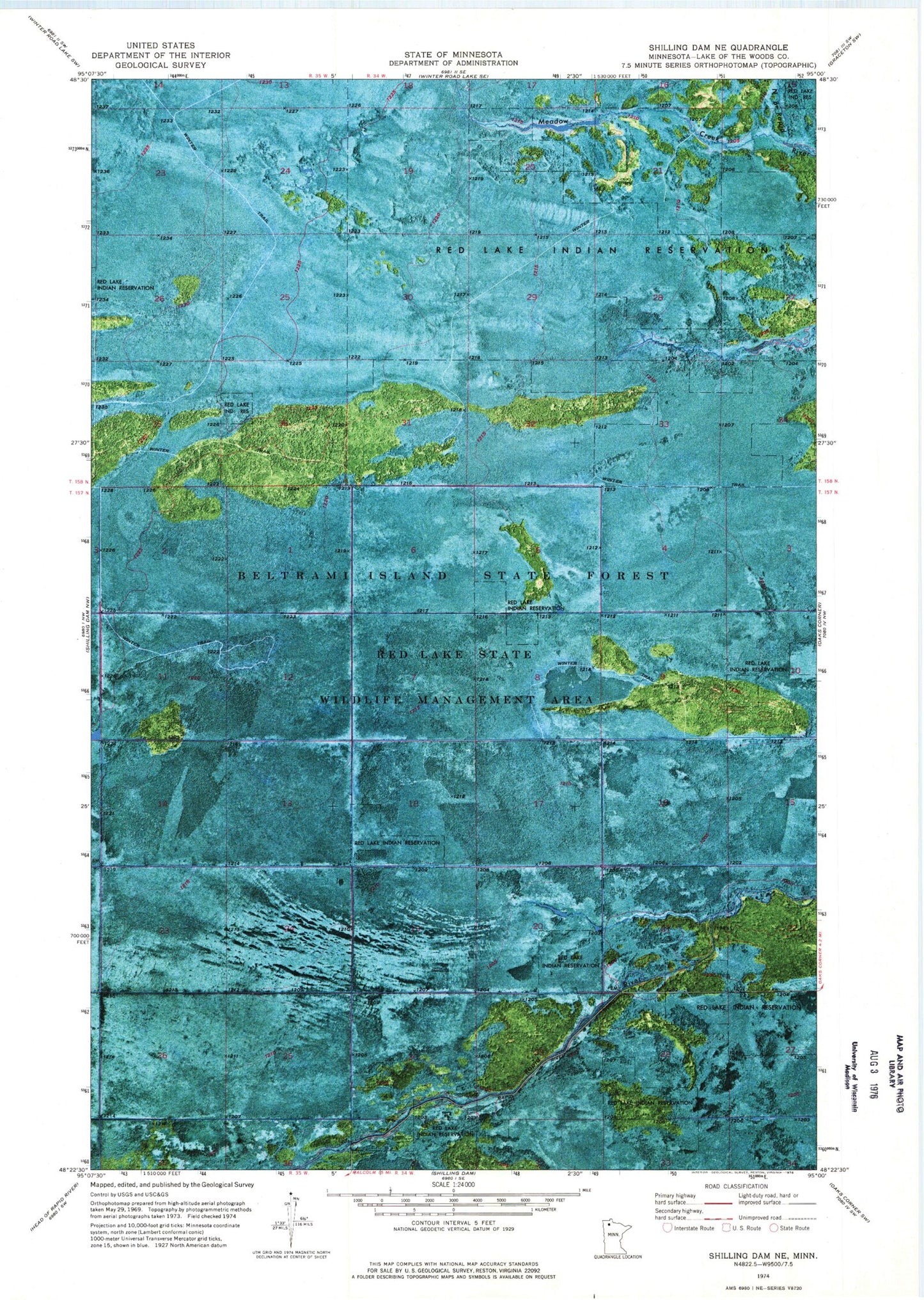 Classic USGS Shilling Dam NE Minnesota 7.5'x7.5' Topo Map Image
