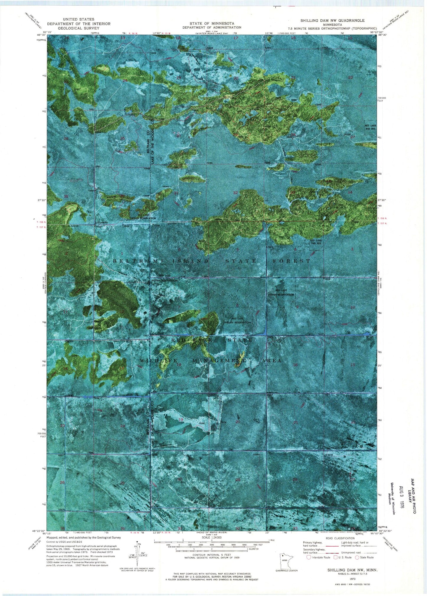 Classic USGS Shilling Dam NW Minnesota 7.5'x7.5' Topo Map Image