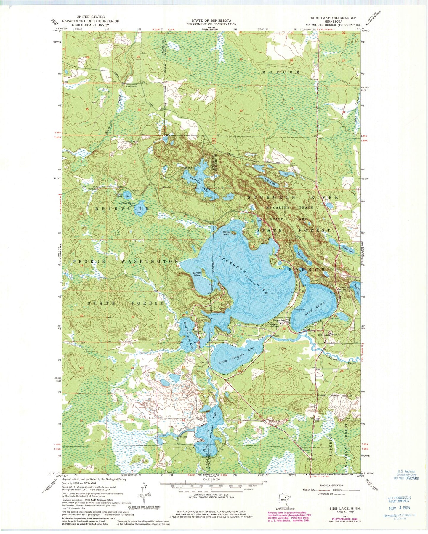 Classic USGS Side Lake Minnesota 7.5'x7.5' Topo Map Image