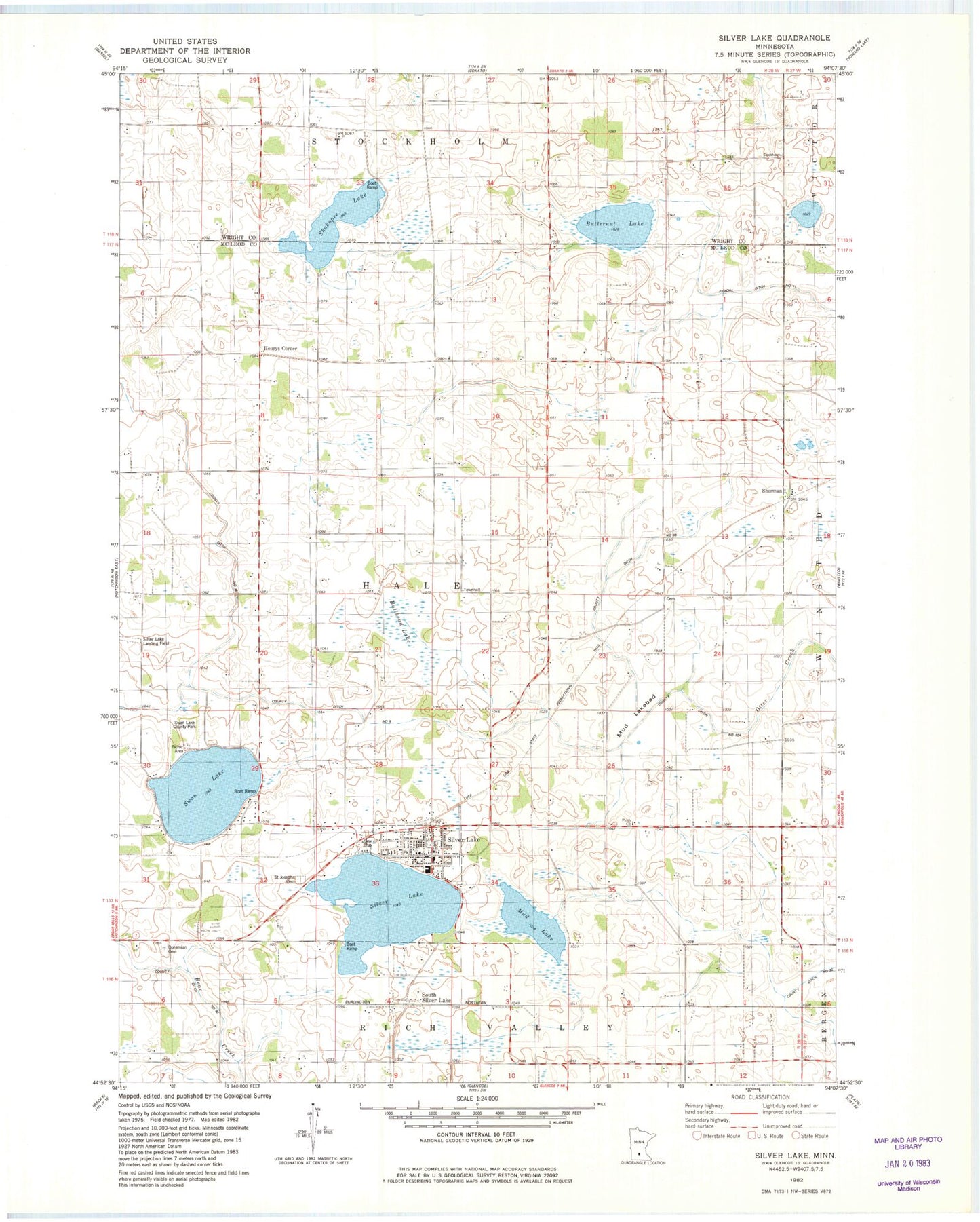 Classic USGS Silver Lake Minnesota 7.5'x7.5' Topo Map Image
