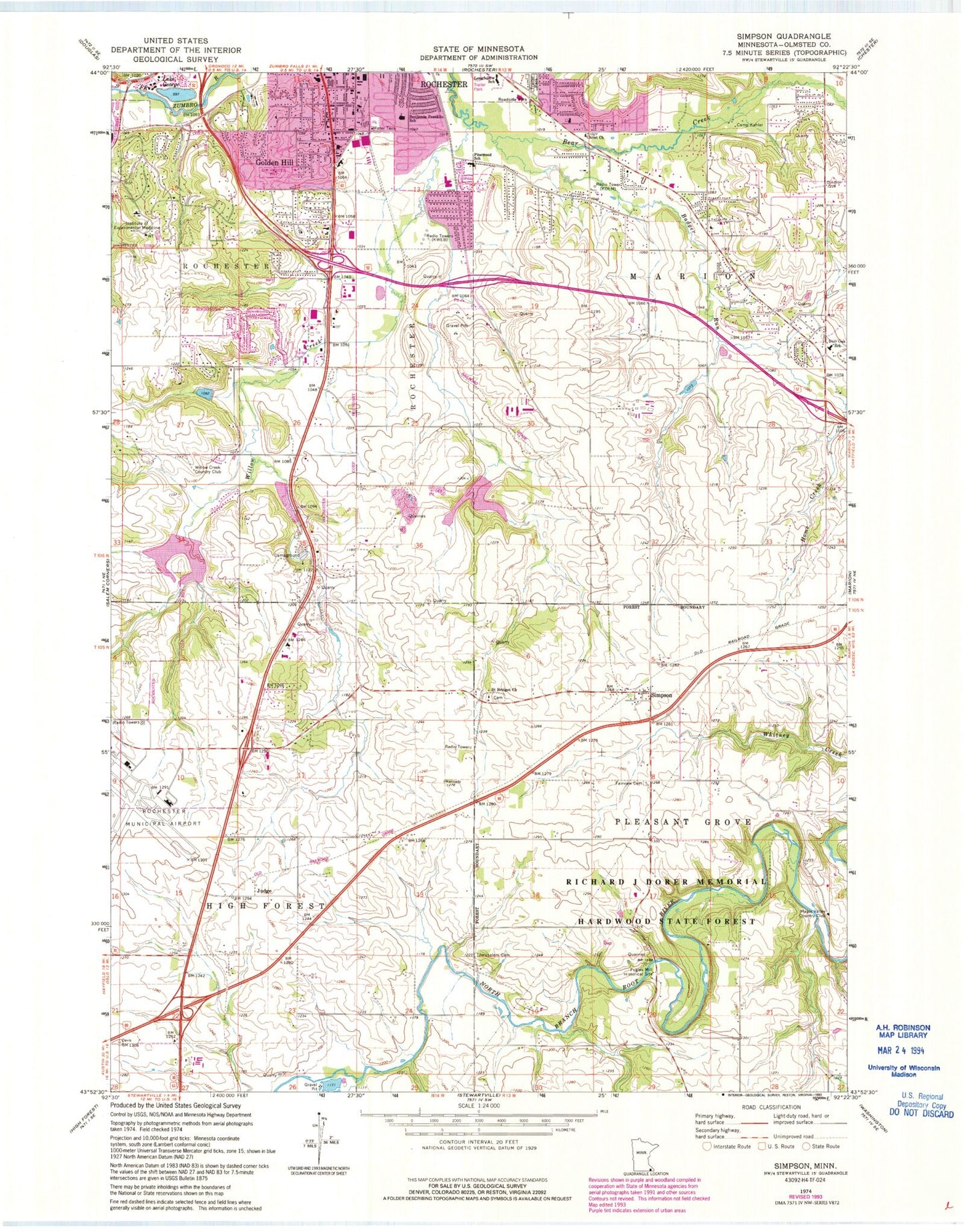 Classic USGS Simpson Minnesota 7.5'x7.5' Topo Map Image