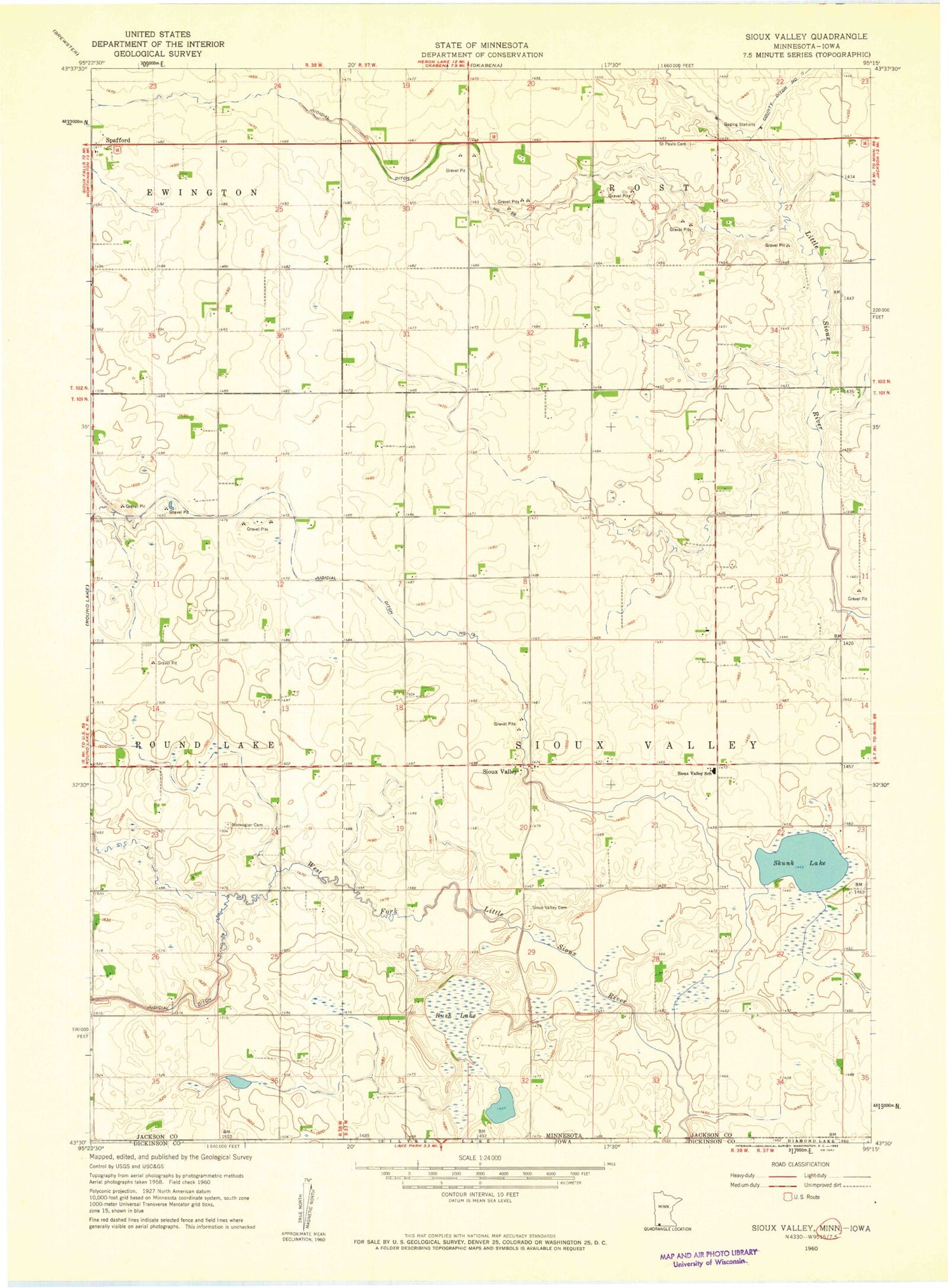 Classic USGS Sioux Valley Minnesota 7.5'x7.5' Topo Map Image