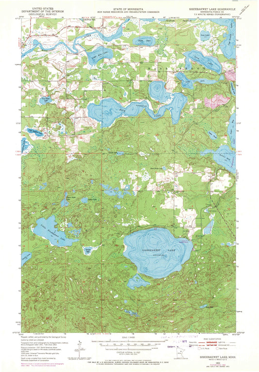 Classic USGS Siseebakwet Lake Minnesota 7.5'x7.5' Topo Map Image