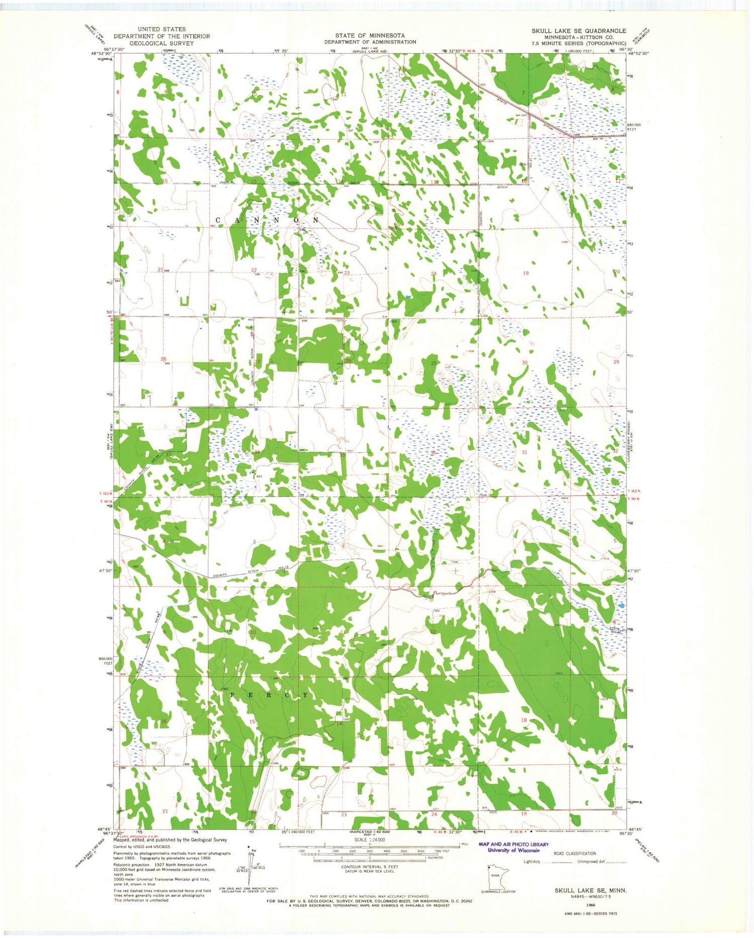 Classic USGS Skull Lake SE Minnesota 7.5'x7.5' Topo Map Image