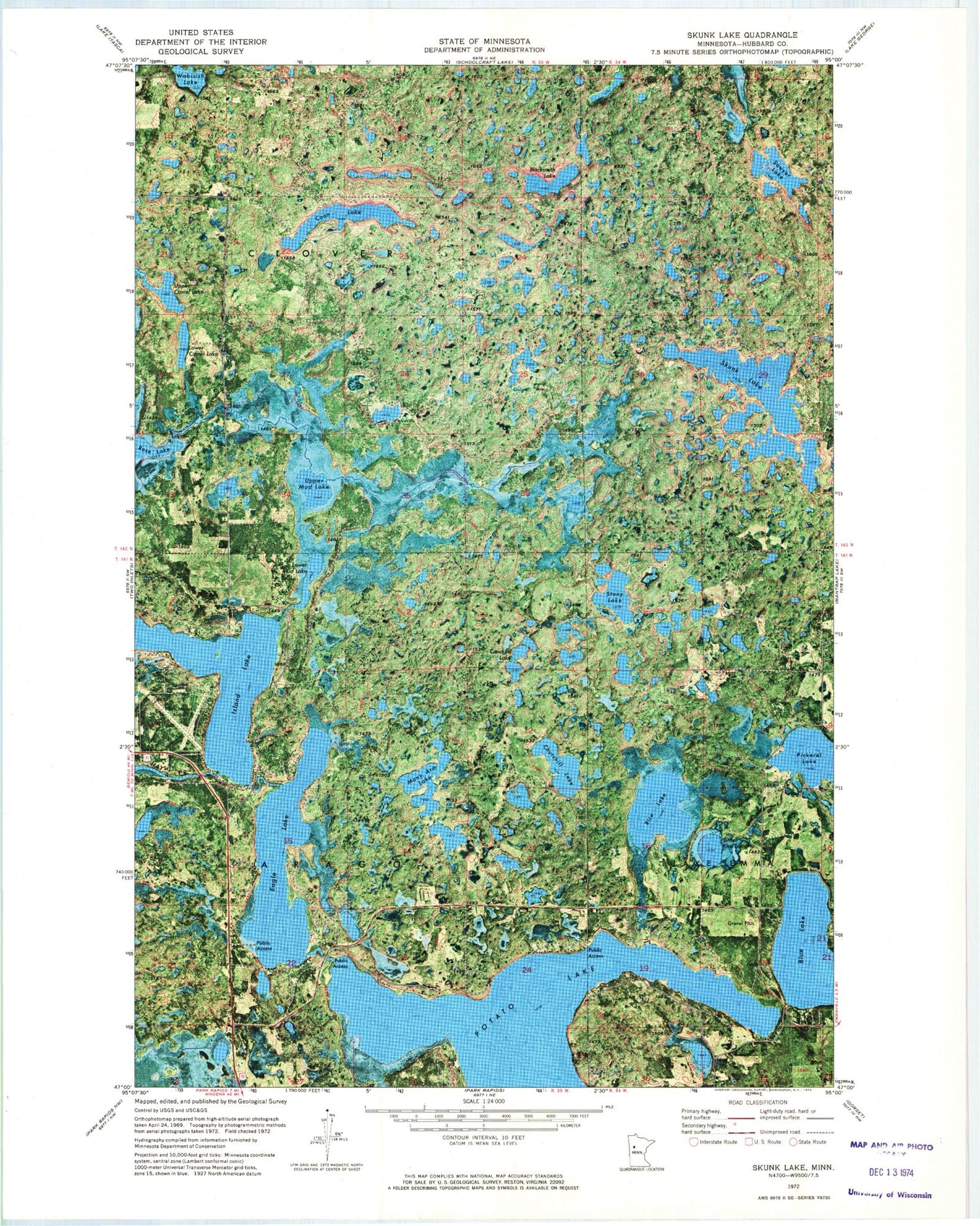 Classic USGS Skunk Lake Minnesota 7.5'x7.5' Topo Map Image