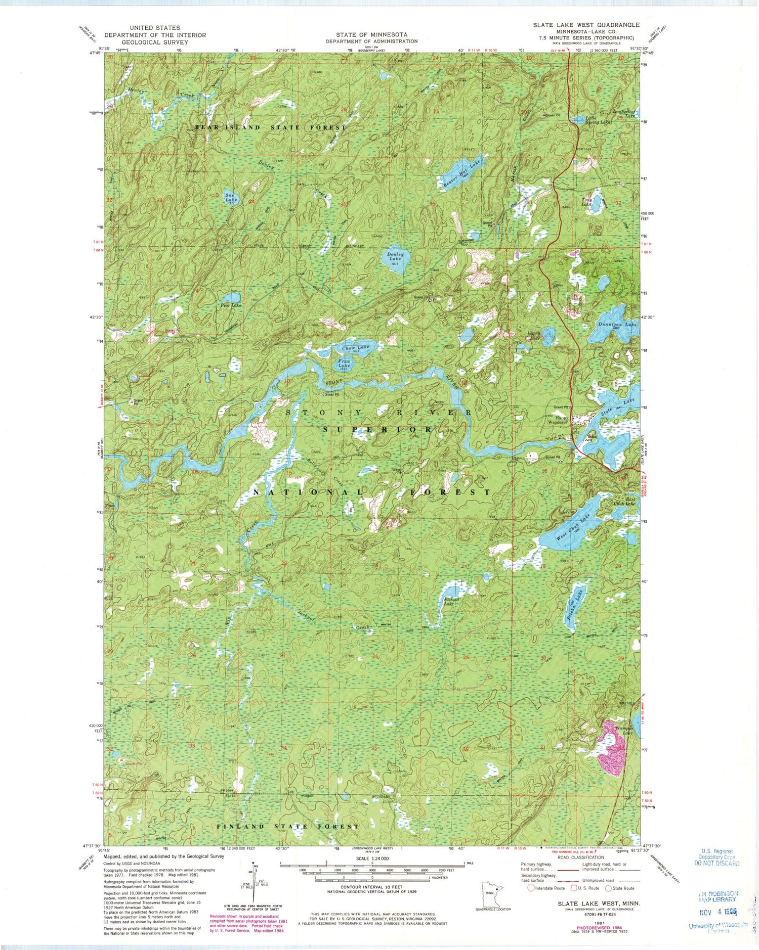 Classic USGS Slate Lake West Minnesota 7.5'x7.5' Topo Map Image