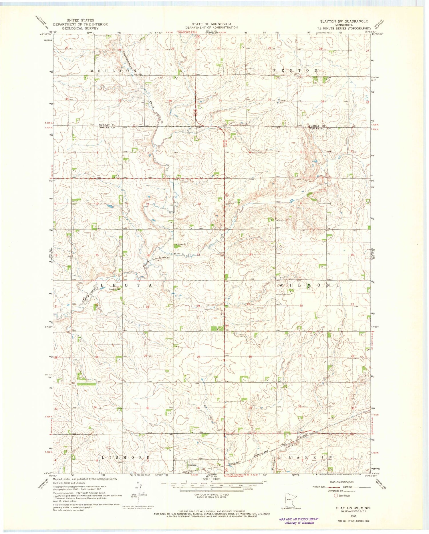 Classic USGS Slayton SW Minnesota 7.5'x7.5' Topo Map Image