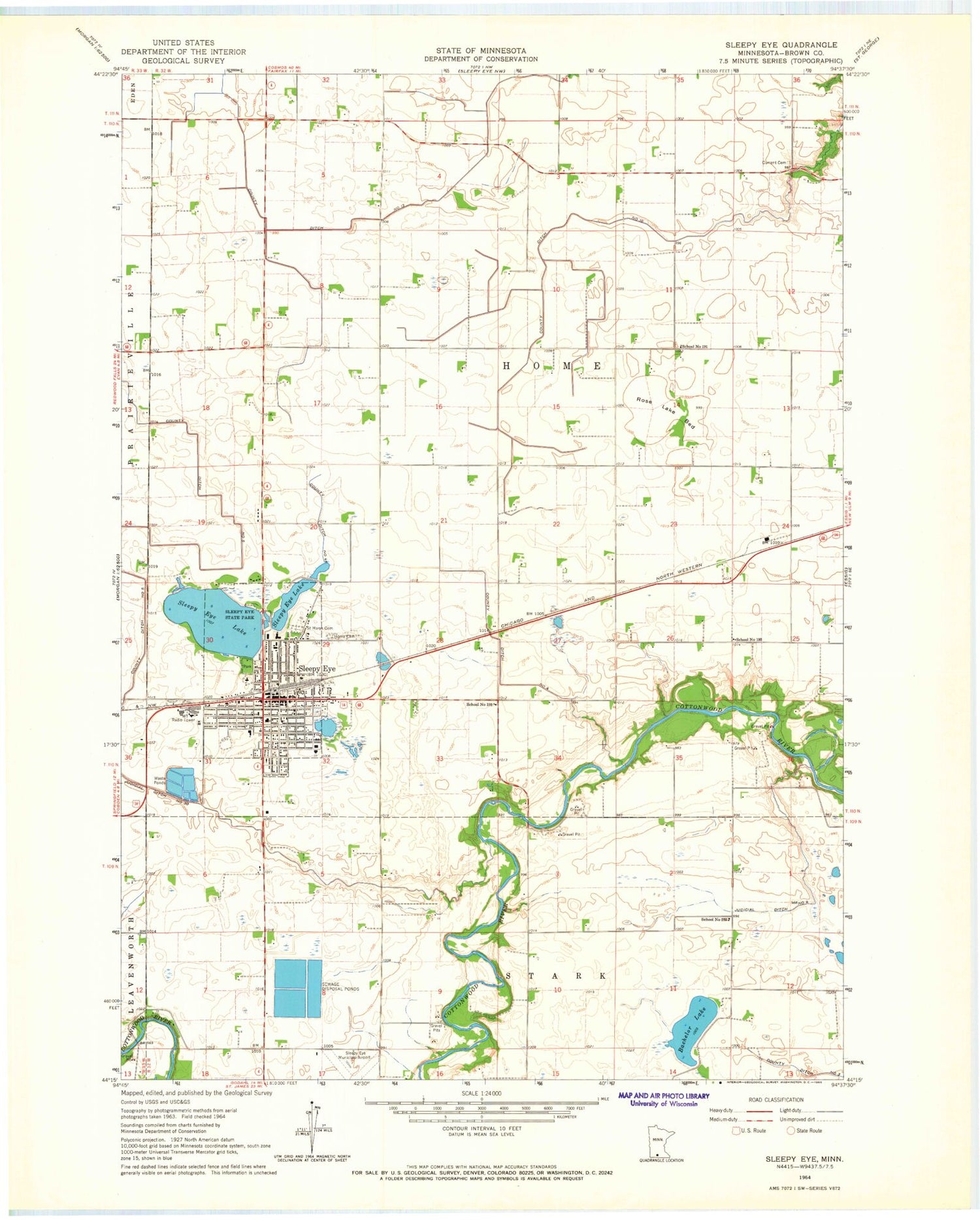Classic USGS Sleepy Eye Minnesota 7.5'x7.5' Topo Map Image