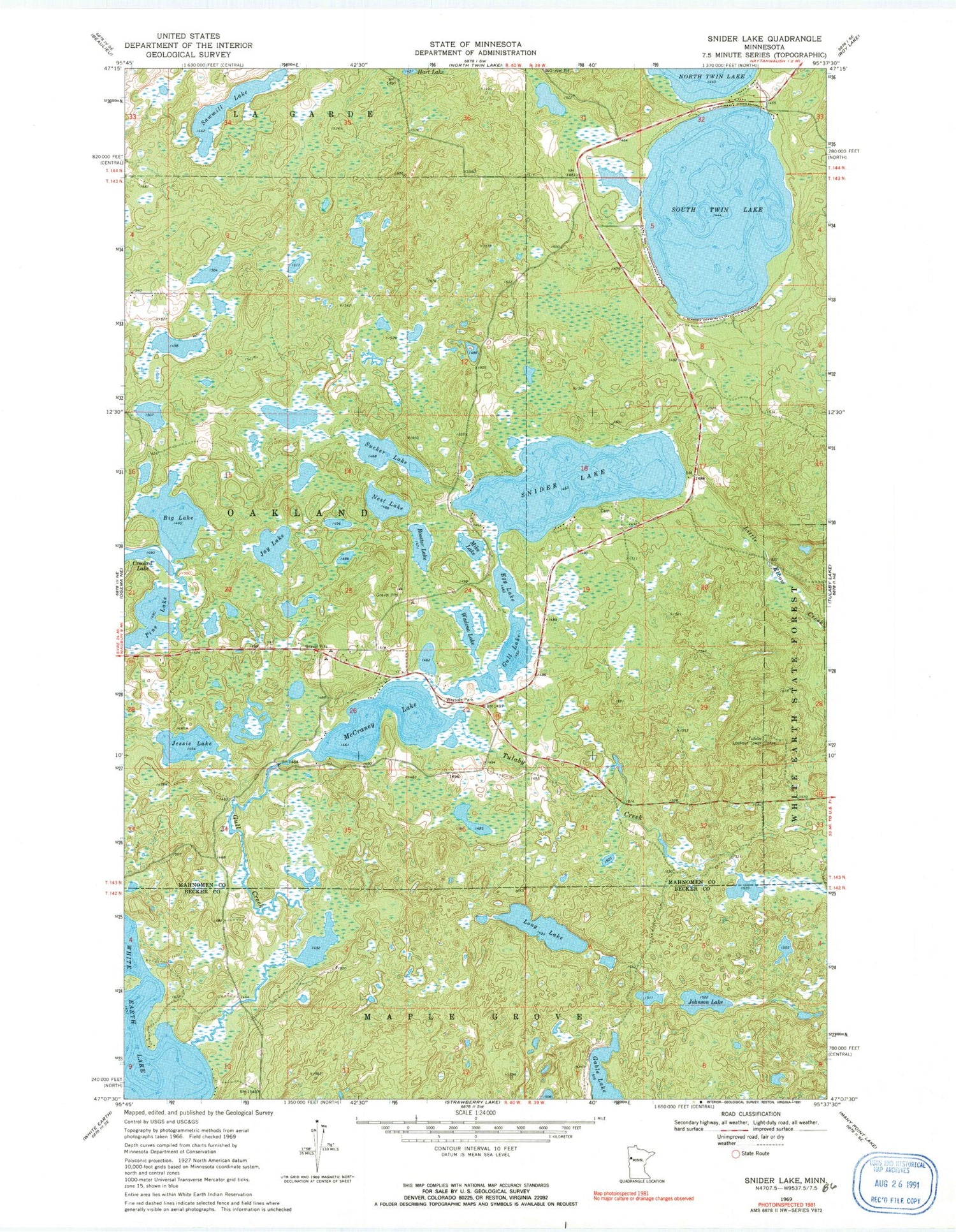 Classic USGS Snider Lake Minnesota 7.5'x7.5' Topo Map Image