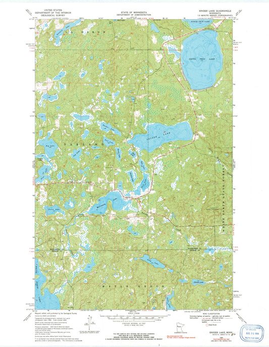 Classic USGS Snider Lake Minnesota 7.5'x7.5' Topo Map Image