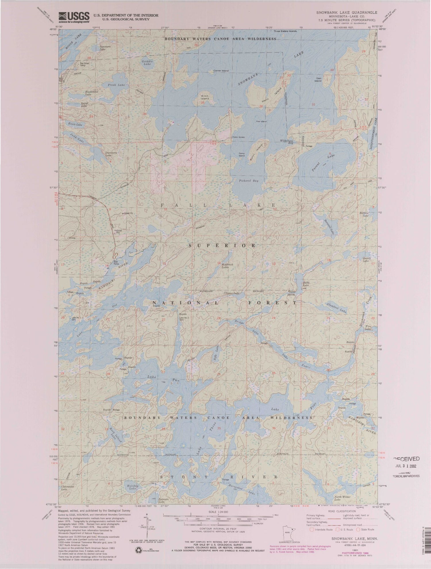 Classic USGS Snowbank Lake Minnesota 7.5'x7.5' Topo Map Image