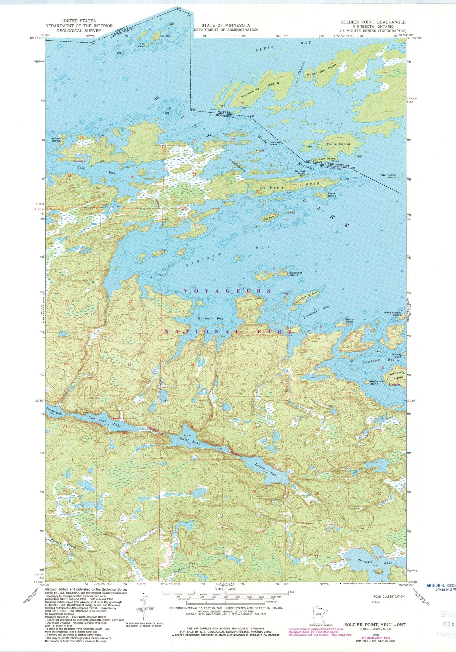 Classic USGS Soldier Point Minnesota 7.5'x7.5' Topo Map Image