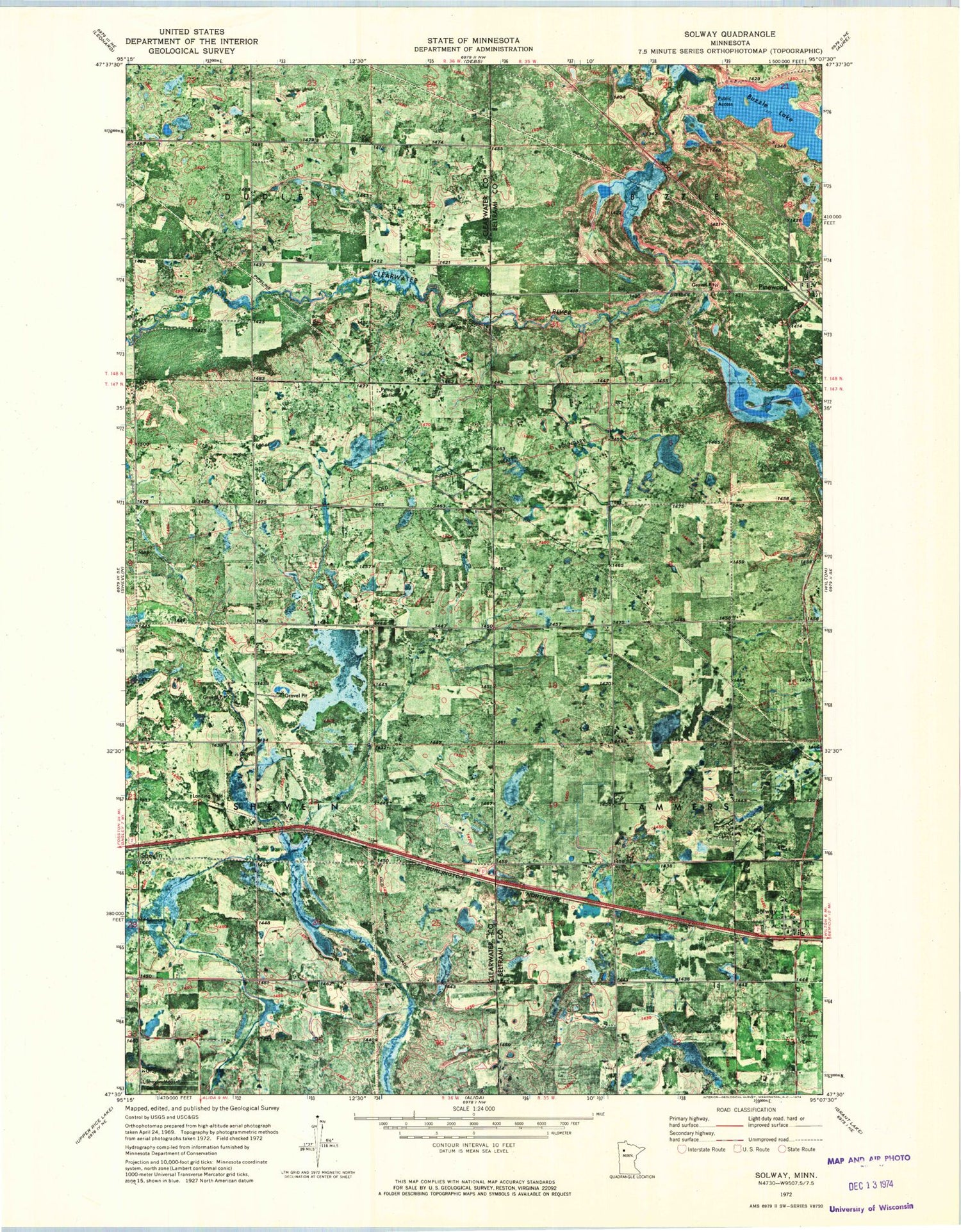 Classic USGS Solway Minnesota 7.5'x7.5' Topo Map Image