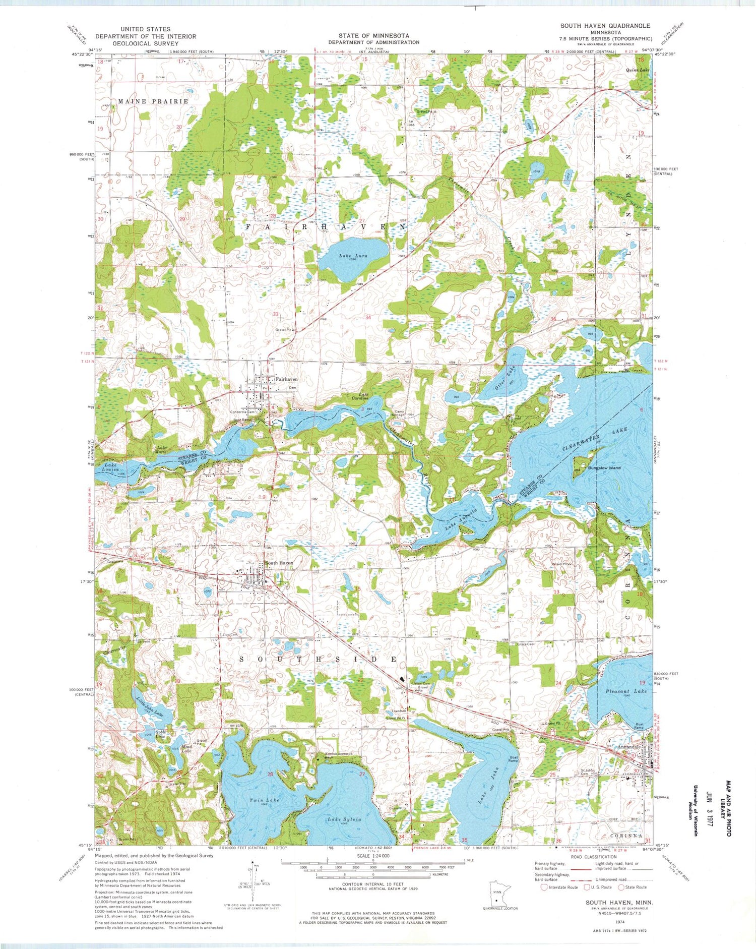 Classic USGS South Haven Minnesota 7.5'x7.5' Topo Map Image