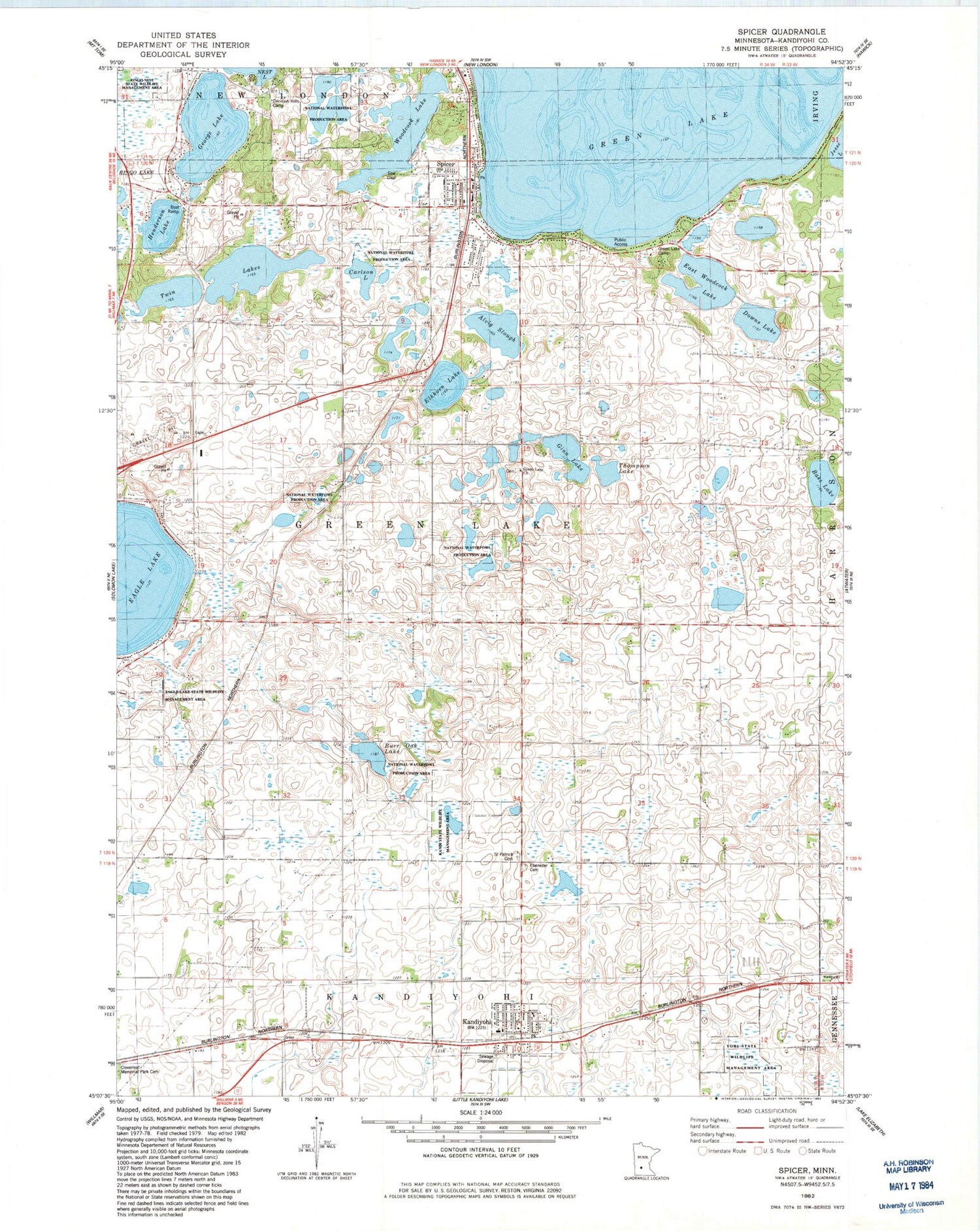 Classic USGS Spicer Minnesota 7.5'x7.5' Topo Map Image