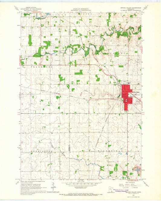 Classic USGS Spring Valley Minnesota 7.5'x7.5' Topo Map Image